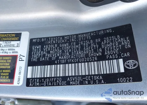 2015 Toyota Camry Se z USA, uszkodzony, nr VIN 4T1BF1FK0FU020526